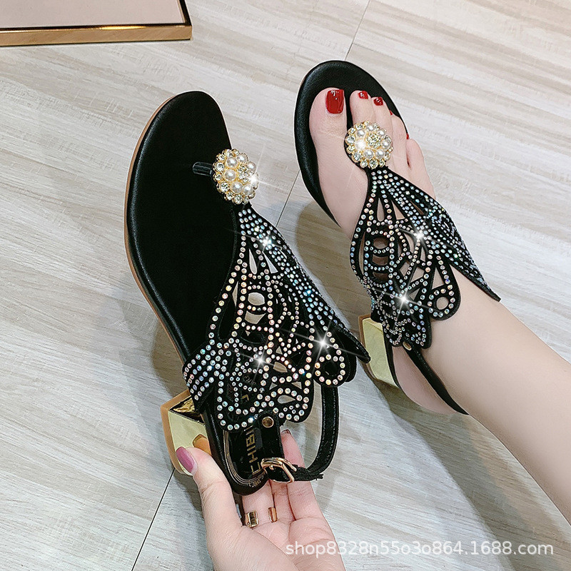 Sepatu Wanita Sandal Slip-On Baru dengan Klip Jari Berhias Rhinestones Sandal Klip Jari Berongga Hak