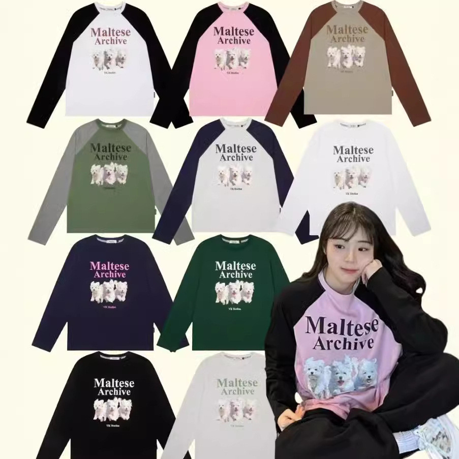 Kaos Lengan Panjang Waikei Korea dengan Tiga Anjing Warna Campuran