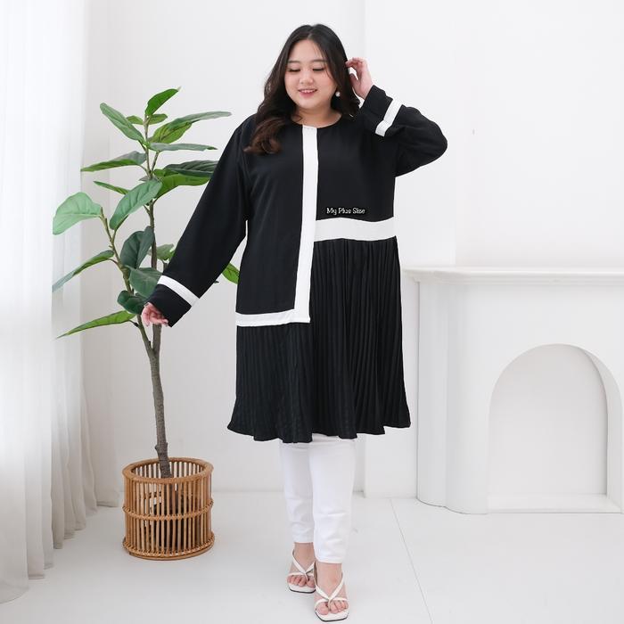 BIG SALE Tunik Plisket Wanita Jumbo 3714, Ld 125, 135 & 150 cm/ Long Tunik Jumbo - BLACK, 2XL
