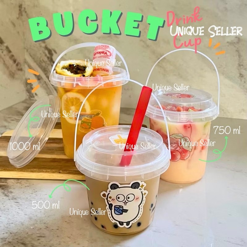 [Isi15] Bucket Thinwall Plastik 500 750 1000 ml + Lubang Sedotan Ember Minuman Puding Kue Anti Bocor