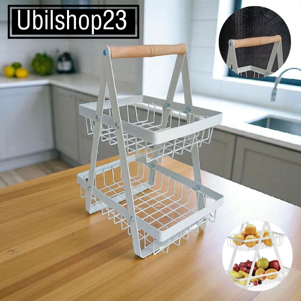 UB23-Rak Keranjang Buah 2 Tingkat Rak Serbaguna Rak Dapur 2 Susun Segitiga Dengan Handle Kayu