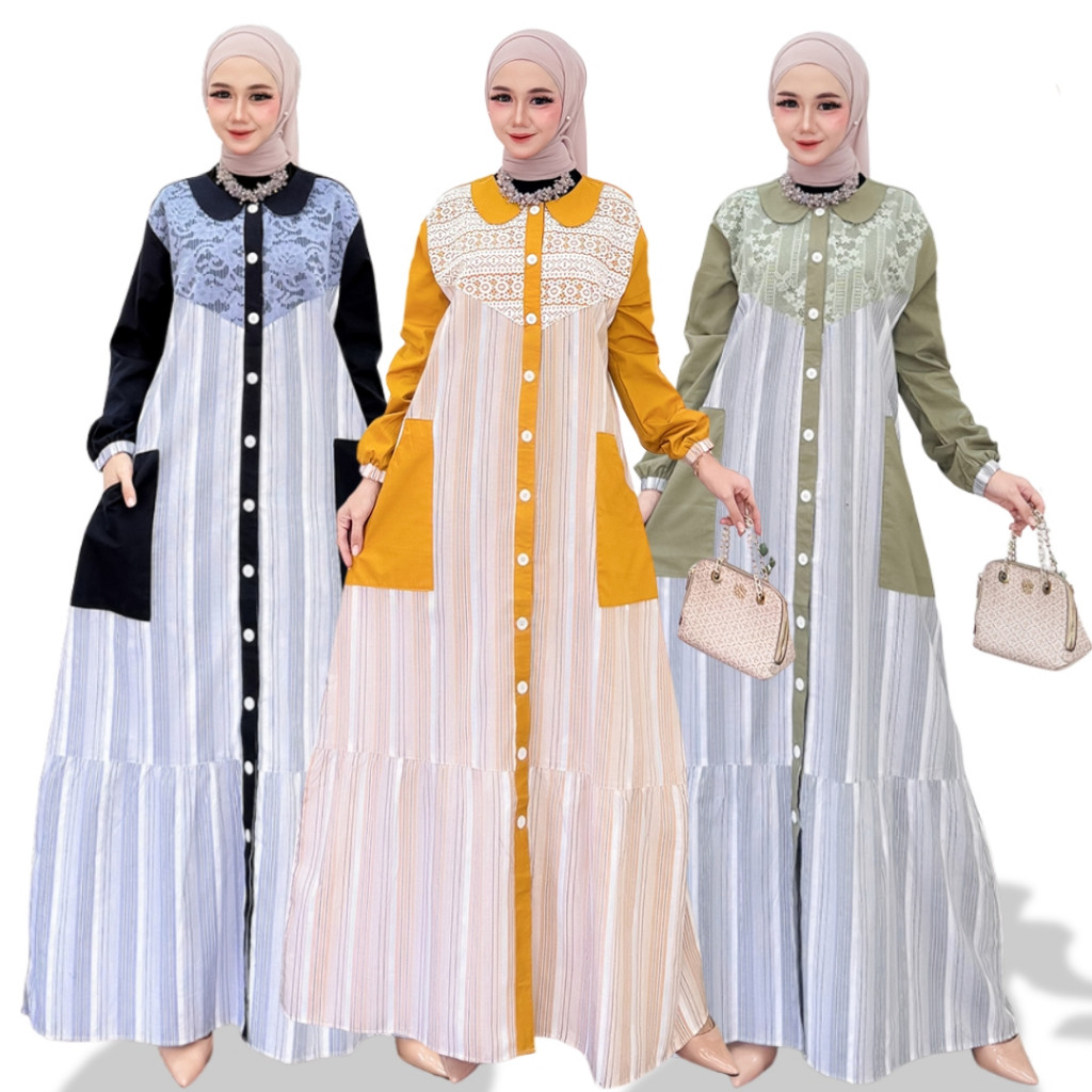 Kahiyang Dress Gamis Katun Kombinasi Kondangan Wanita Muslim Polos Salur Mix Brokat