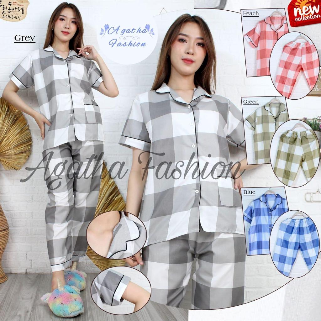 Baju Tidur Piyama Wanita Kotak Nona Motif Pajamas Cewek Dewasa / Piyama Kotak Lengan Pendek / Piyama