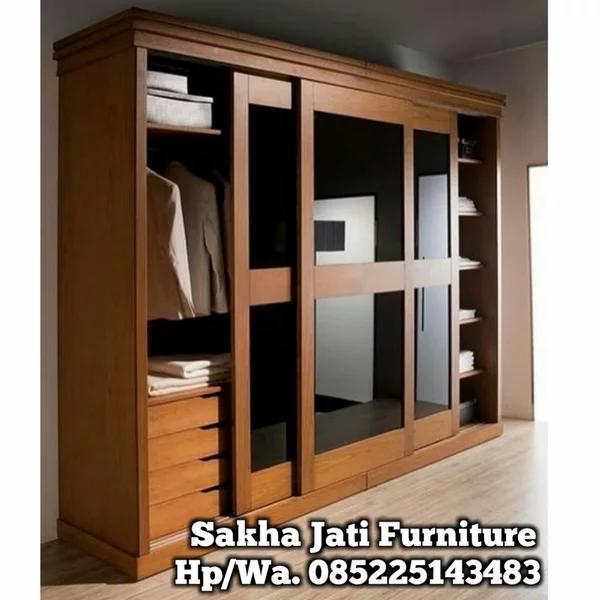 lemari pakaian 4 pintu kayu jati minimalis sleding plus finising