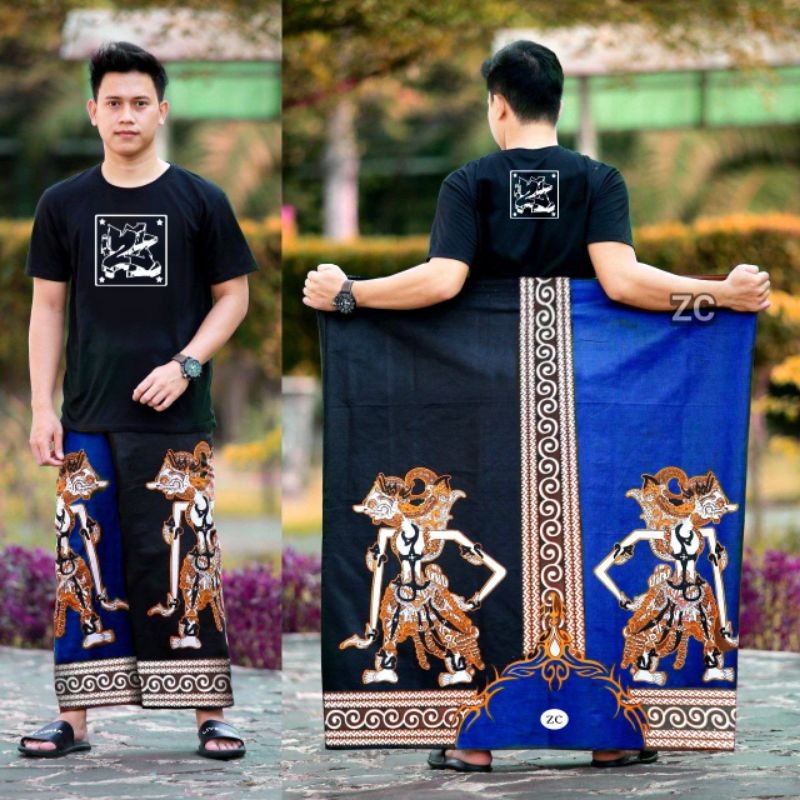 SARUNG PRINTING BATIK PRINTING HALUS MOTIF DUO WAYANG/jahitan rapi hitam biru