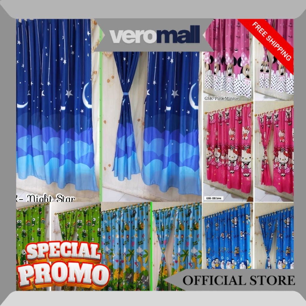 Gorden Pintu dan Jendela Tali Perekat - Gorden Anak Motif Karakter Lucu Moonstar Doraemon Hello Kitt