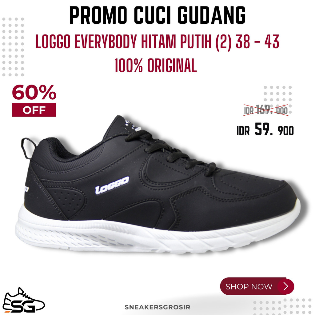 CUCI GUDANG SEPATU LOGGO EVERYBODY (2) SERIES 100% ORIGINAL || SNEAKERS HITAM PUTIH UKURAN 38 - 43