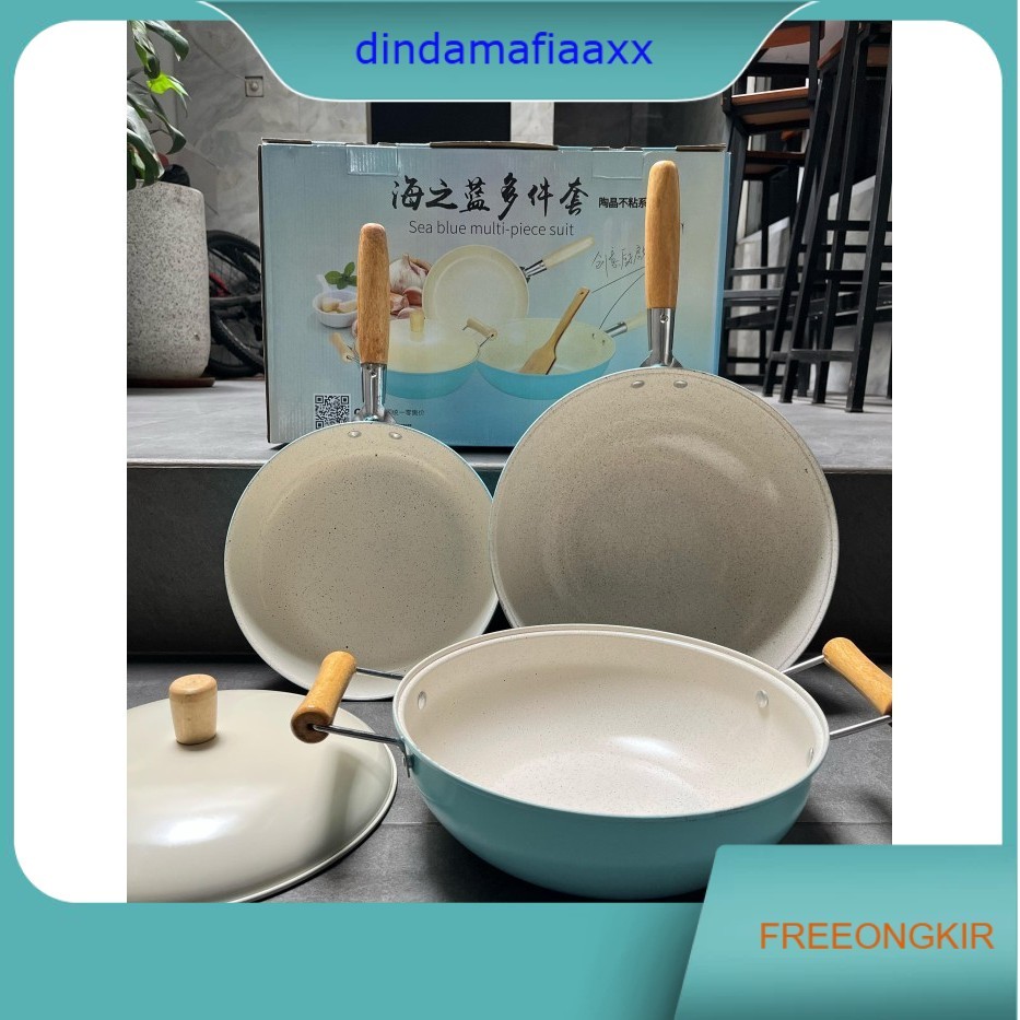 Set Paket 3in1 3 in 1 Wajan Keramik Biru isi 3 pcs Panci Masak Penggorengan Soup Sup Anti Lengket Ce
