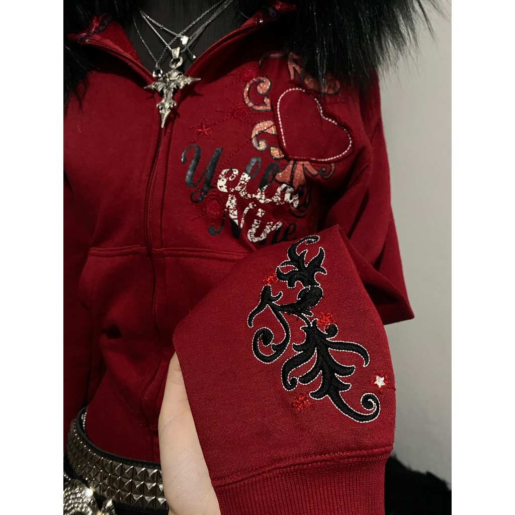 Y2K Gothic Style Fur Collar Hoodie, Retro Fashion Embroidered Letter Slim Fit Hoodie, Street Casual 