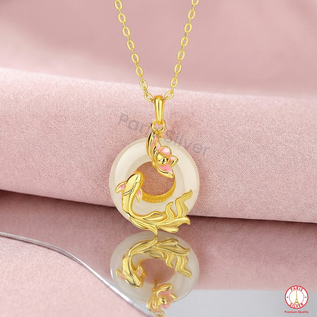 Kalung Perak Asli 925 Wanita Liontin Batu Giok Ikan Koi Lotus Elegan Silver Lapis Emas Kuning
