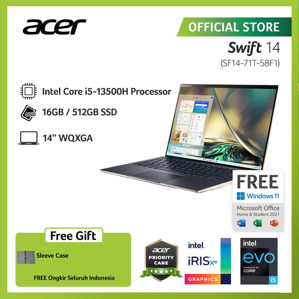 ACER LAPTOP SWIFT 14 SF14-71T-58F1 14"QHD INTEL EVO I5-13500H RAM 16GB STORAGE 512GB SSD GRAPHICS IN