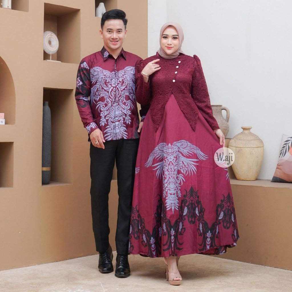 Baju Lebaran Baju Couple Gamis Sahara Kombinasi Brukat Kemeja Batik Pria Lengan Panjang Slimfit Katu