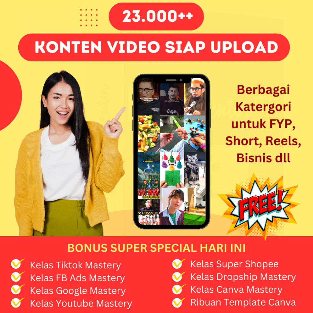 Ribuan Konten (23.000++ Video Siap Upload) Untuk Reel, Short Youtube, Tiktok + Bonus Buku dan Video 