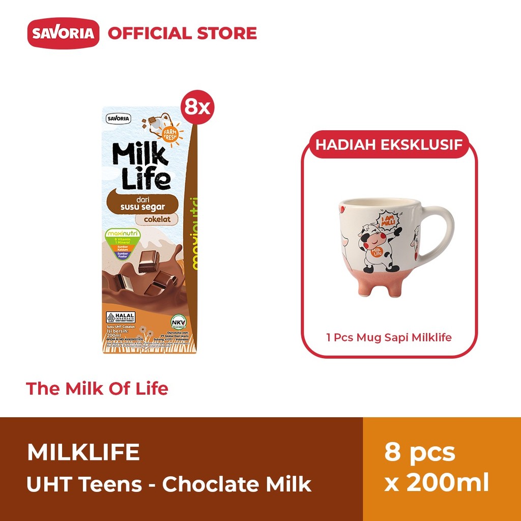 MilkLife UHT Teens Chocolate Milk 8 Pcs x 200ml  + Mug Sapi Mili