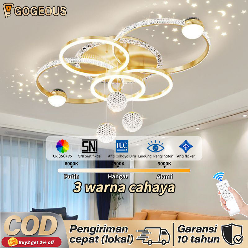 GOGEOUS Lampu Gantung LED 3 Warna Remote Lampu Gantung Ruang Tamu Mewah Kipas Lampu Lampu Plafon Rem