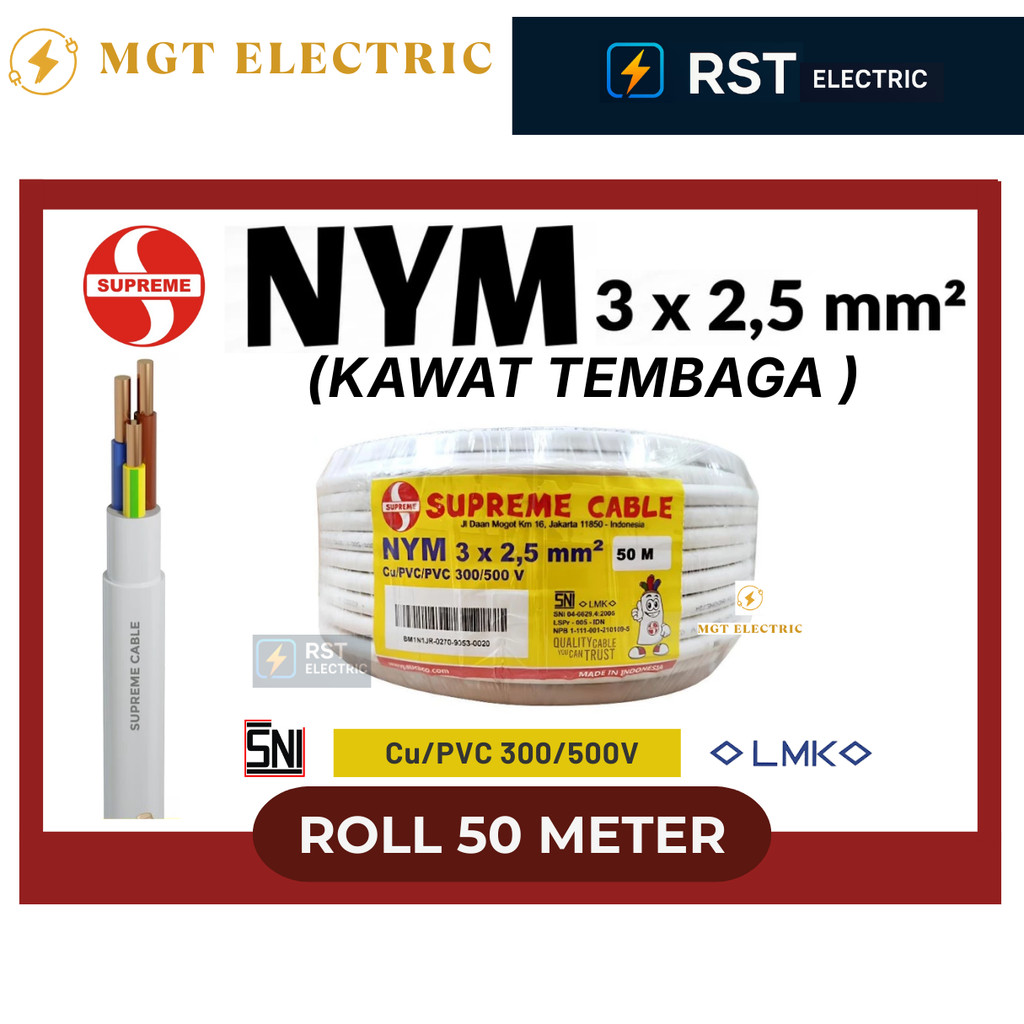SUPREME NYM 3X2.5 ROL 50M / SUPREME CABLE - Kabel Listrik Putih Kawat Tembaga Murni InDoor – NYM WHI
