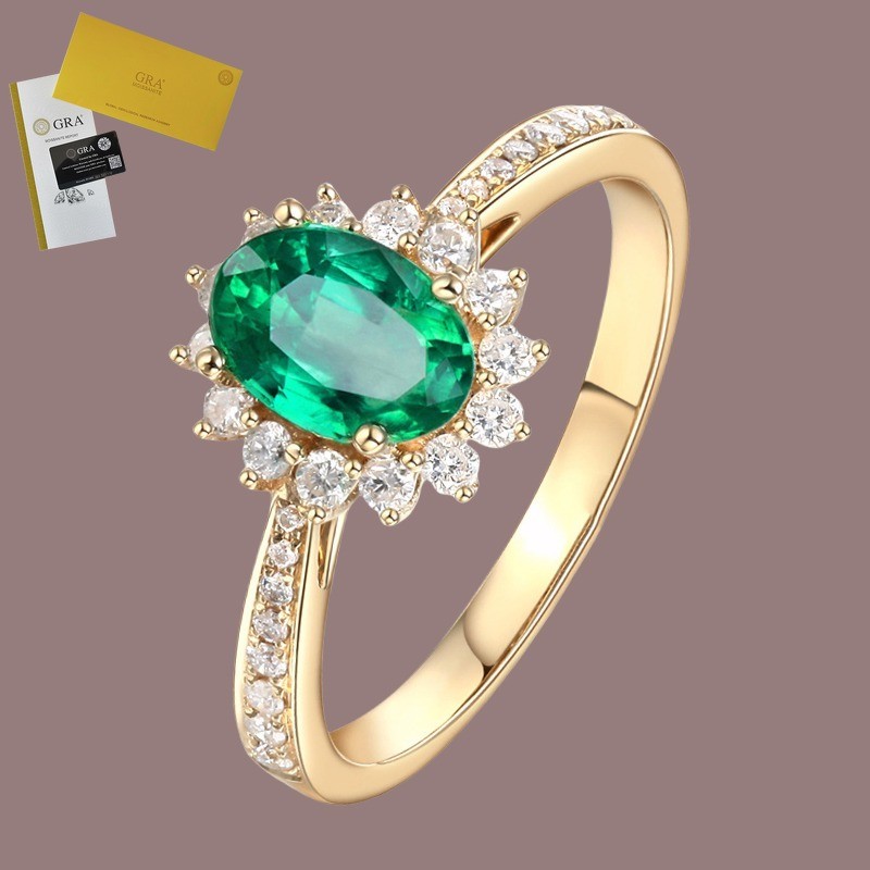 Termasuk Sertifikat GRA Cincin Berlian Moissanite Oval Indah 3 Karat Zamrud Hijau 18K