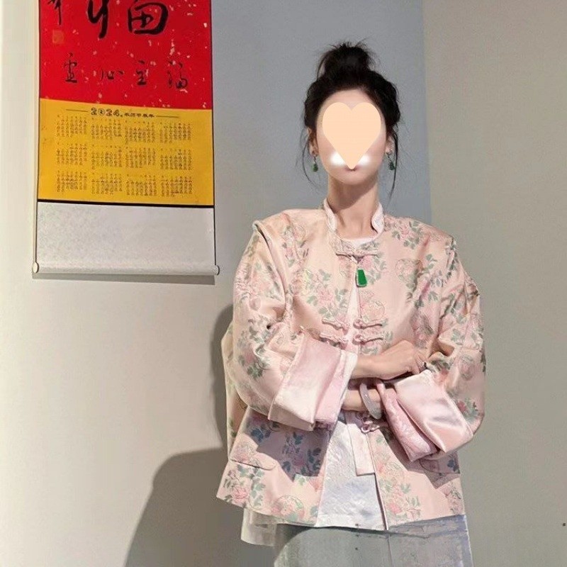 [JINXIU] Setelan Tang Cina Baru Atasan Kancing Gaya Cina Jaket Merah Muda Pakaian Wanita Gaya