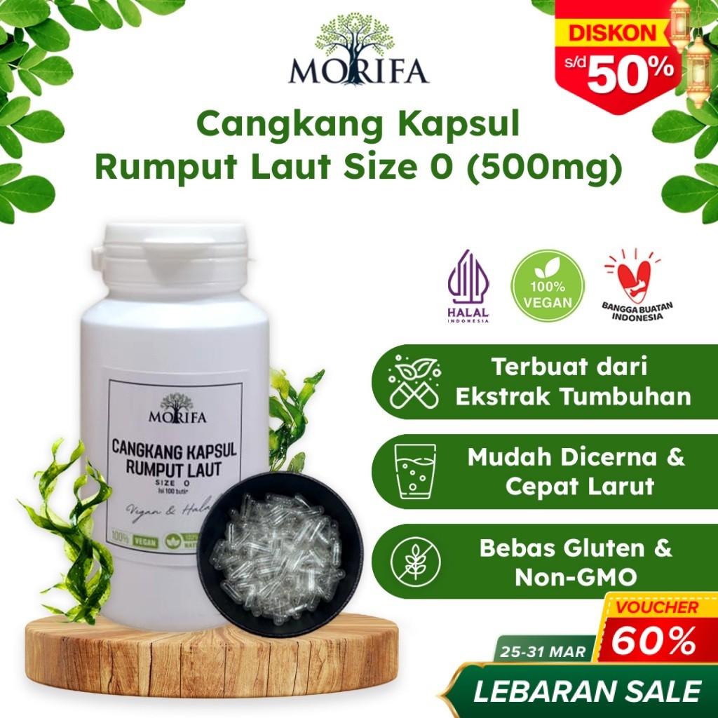 MORIFA Cangkang Kapsul Kosong  Size 0 Bening Vegan Natural Rumput Laut Halal
