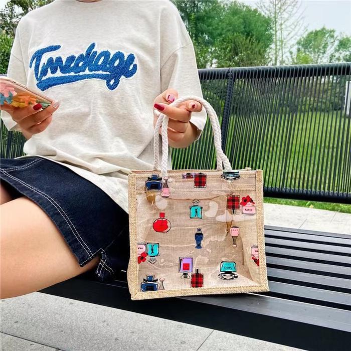 Tote Bag Kanvas Transparnt/Shoulder Bag Top Handle Tas Bahu Vintage Korean Plastik Wanita Totebag  C