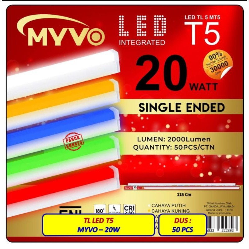 LAMPU LED MYVO TL T5 Lampu LED TL T5 20W 20 W 20 WATTS SINGLE ENDED PUTIH KUNING BIRU 120CM  120 CM