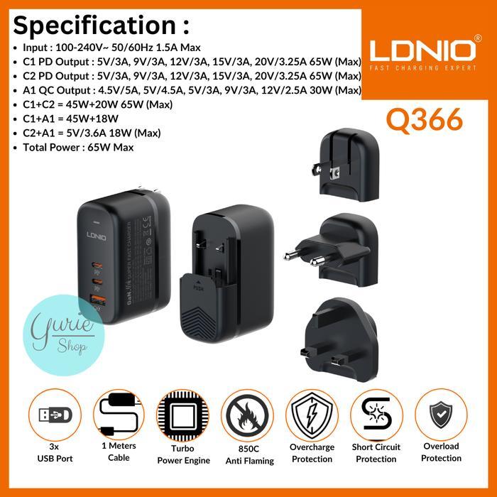 LDNIO Travel Wall Charger Q366 Q367 USB C PD 65W GaN Technology Super Fast Charging - Q366