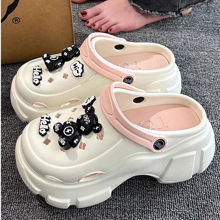 Sandal Baim Fuji Wedges Wanita Dewasa Remaja Tinggi 8cm Sandal Crop Cross Jibbits Beruang Hitam Kaws