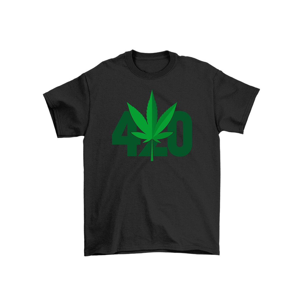 Kaos Gambar Lucu Daun Weed Hemp_24 & 420 - Kaos Dewasa Unisex Hitam Desain Hijau