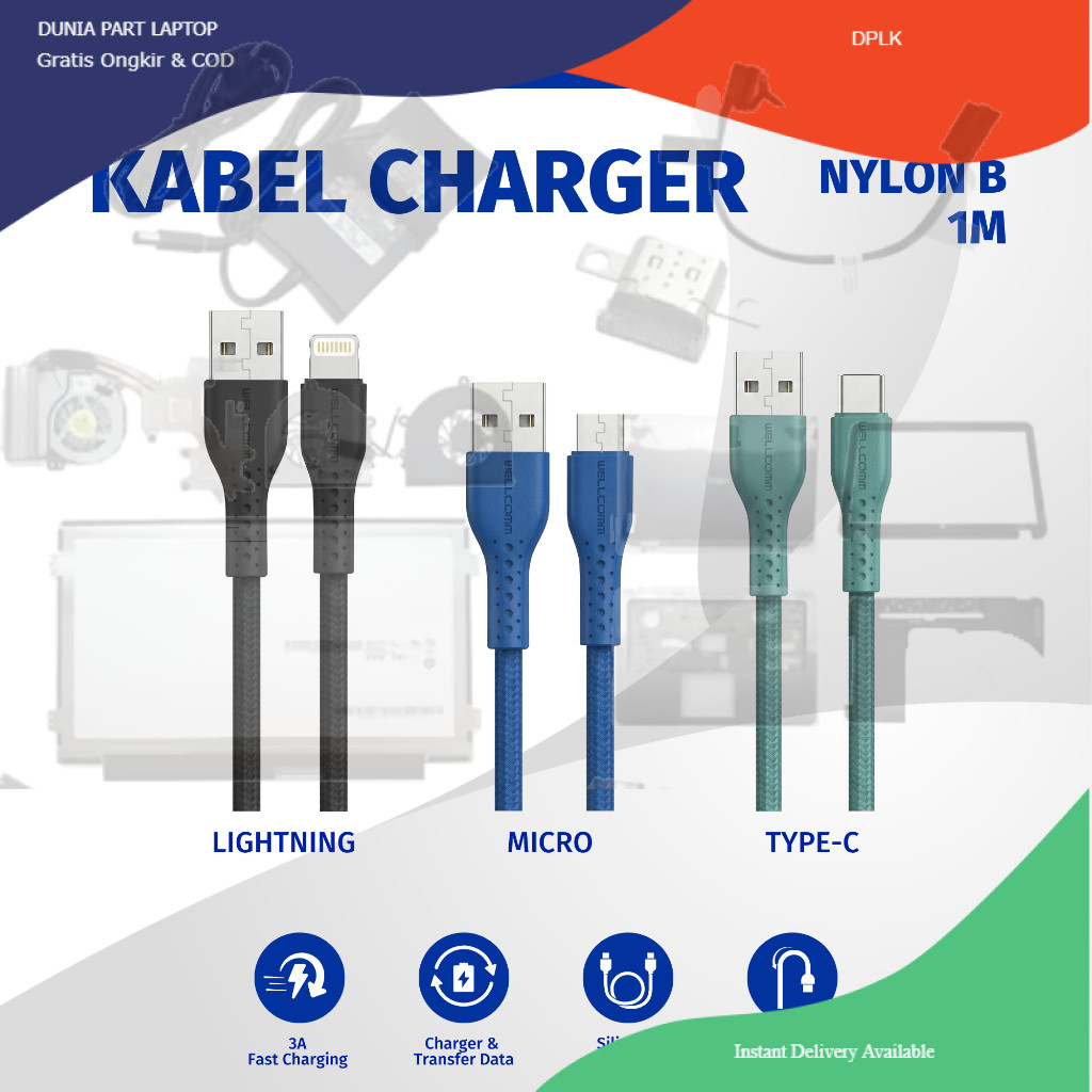 Wellcomm Kabel Data Fast Charge 3A USB Type C / Micro / iPhone Nylon B Series 1M Part