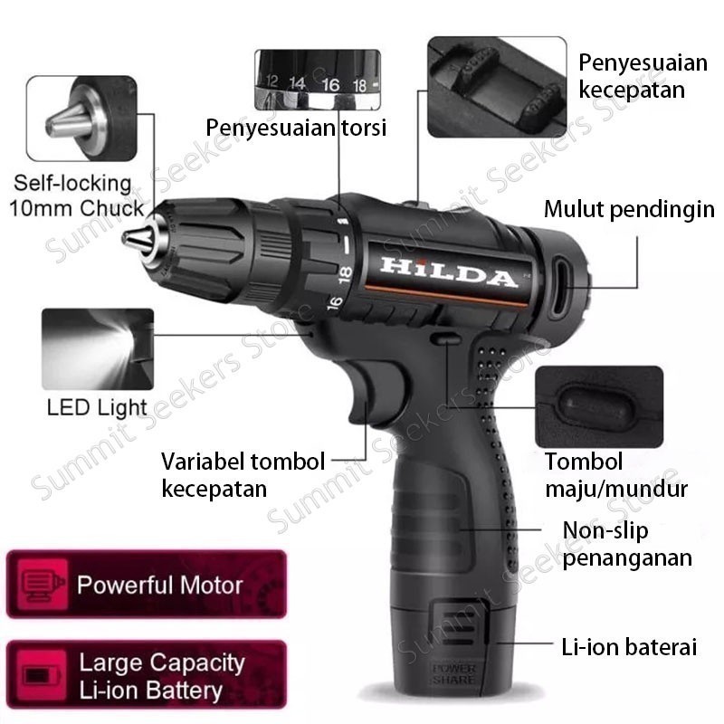 JLD 12Vf Mesin Bor Baterai Murah Berkualitas Bor Cas Jld Bor Case 2 Batre Fullset Portable 25+1 Cord