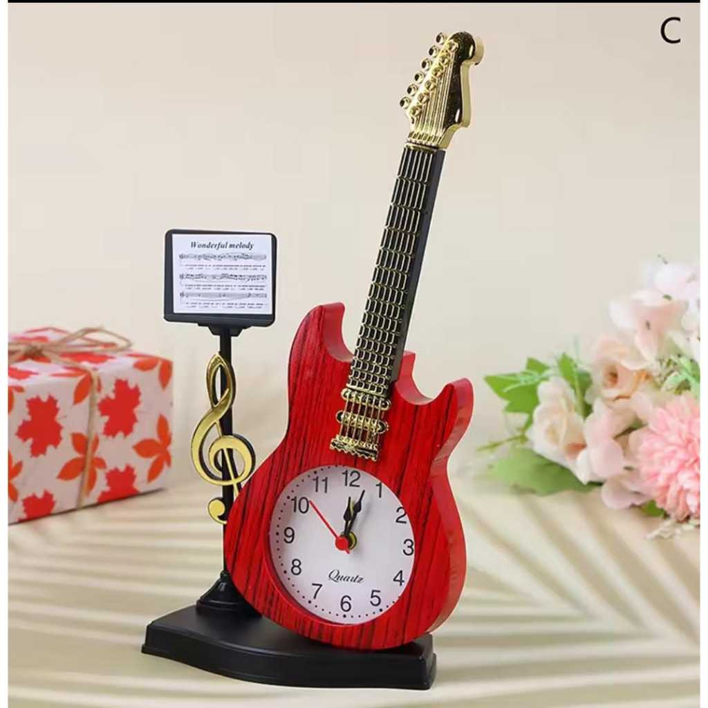 Jam Weker Alarm Gitar Kayu Tempat Pensil /Jam Meja Alarm