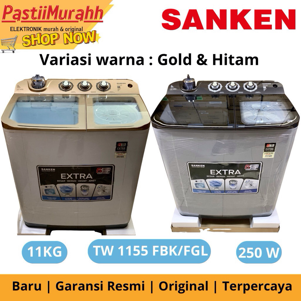 YS (DOUBLE BODI) MESIN CUCI SANKEN 2 TABUNG 11KG TW-1155 EXTRA LOW WATT PINTU SAFETY GLAS SOFT CLOSE