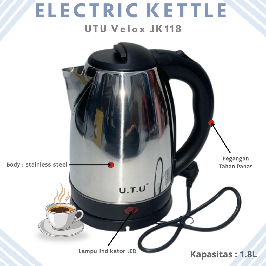 Teko Listrik Kettle Listrik Ceret Listrik Pemanas Air Listrik UTU Velox 1,8 Liter