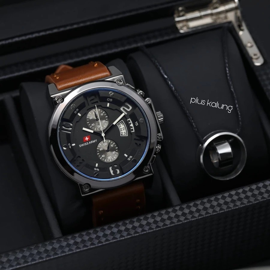 DIJUAL Jam Tangan Pria NEW SWISS ARMY 48926 Crono Off dan Tanggal Aktif Bonus Kalung Include Box dan