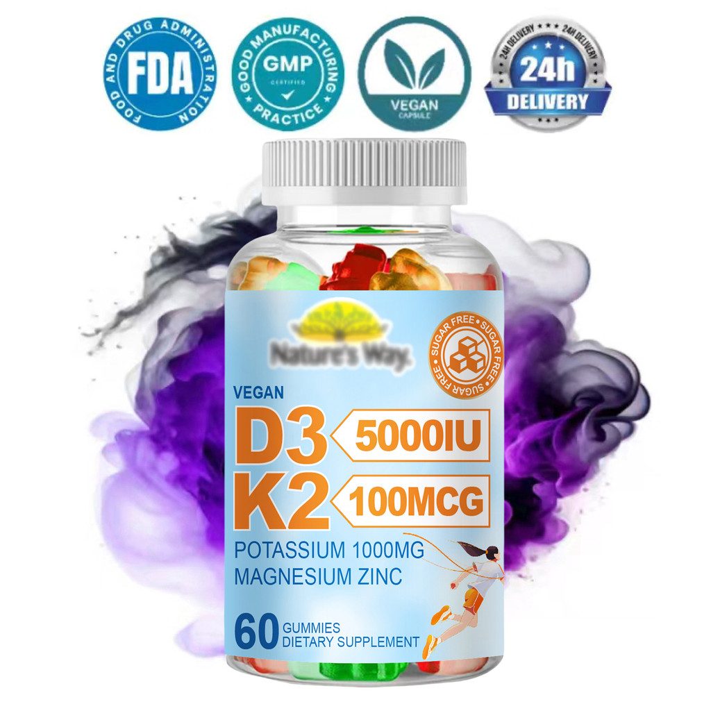 Vitamin D3 5000IU + K2 100mcg Gummies 60pcs – Suplemen dengan Magnesium & Zinc untuk Tulang Kuat, Da
