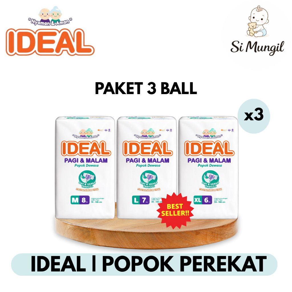 [PAKET 3 BALL] IDEAL Popok Dewasa Tipe Perekat Anti Bakteri Size M8 L7 XL6 Pcs