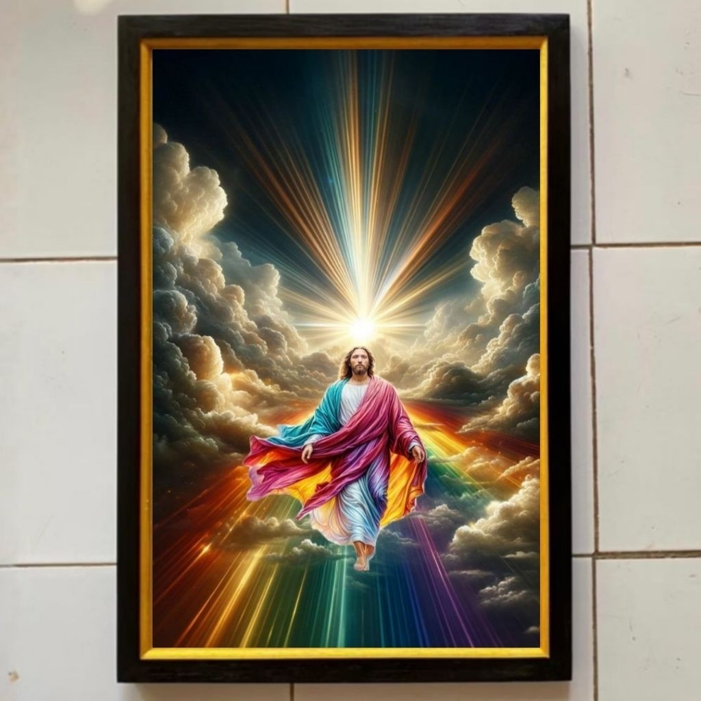 Hiasan dinding lukisan Cetak gambar Tuhan Yesus plus bingkai ukuran 65cmx45cm