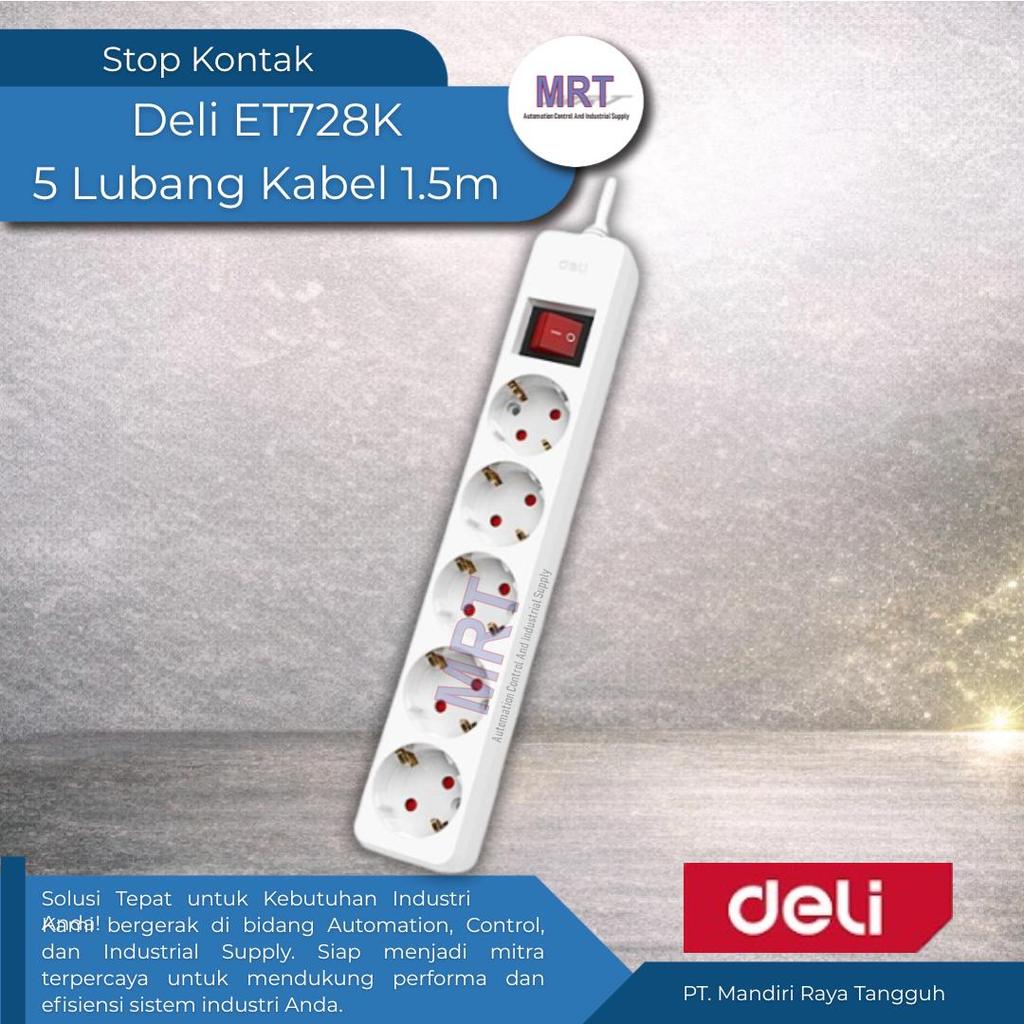 Stop Kontak 5 Lubang Single Switch Kabel Panjang 1.5 Meter DELI ET728K 2500W 250V 10A - Colokan List