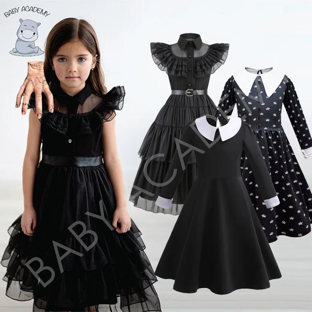 Kostum Dress Black Gothic Lengan Panjang Horor Braids Style Anak Perempuan Tangan Halloween Cosplay 