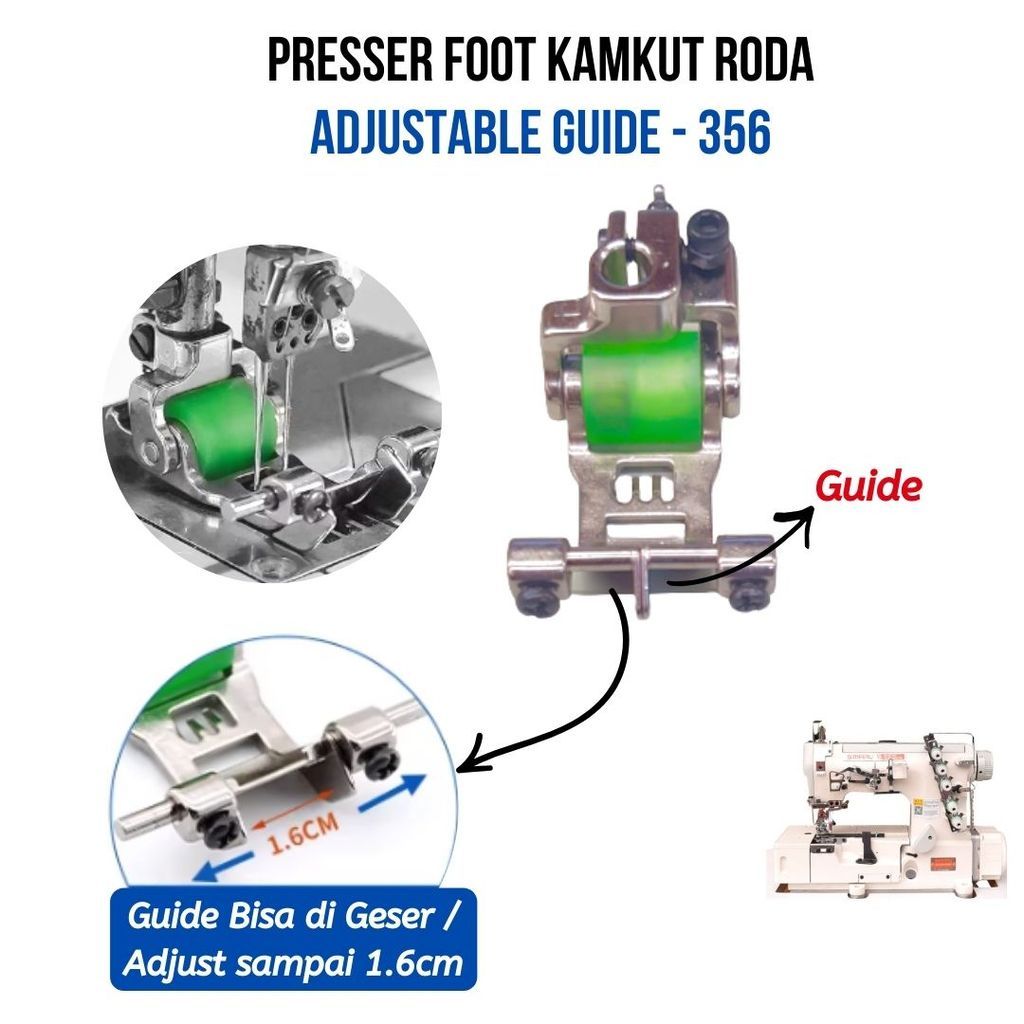 24 JAM Sepatu jahit KAM overdeck Presser Foot KAMKUT STEEL RODA KARET ADJUSTABLE GUIDE DEPAN 356 PEG