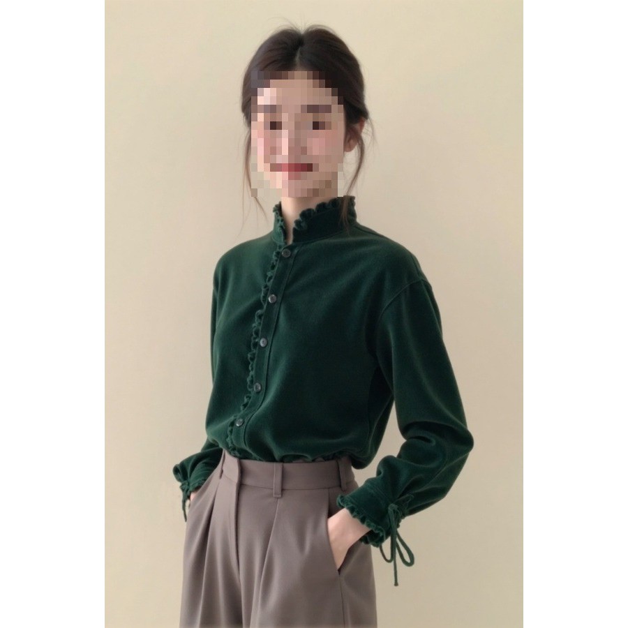 Kemeja beludru hijau tua wanita berkualitas tinggi Atasan cheongsam bergaya elegan