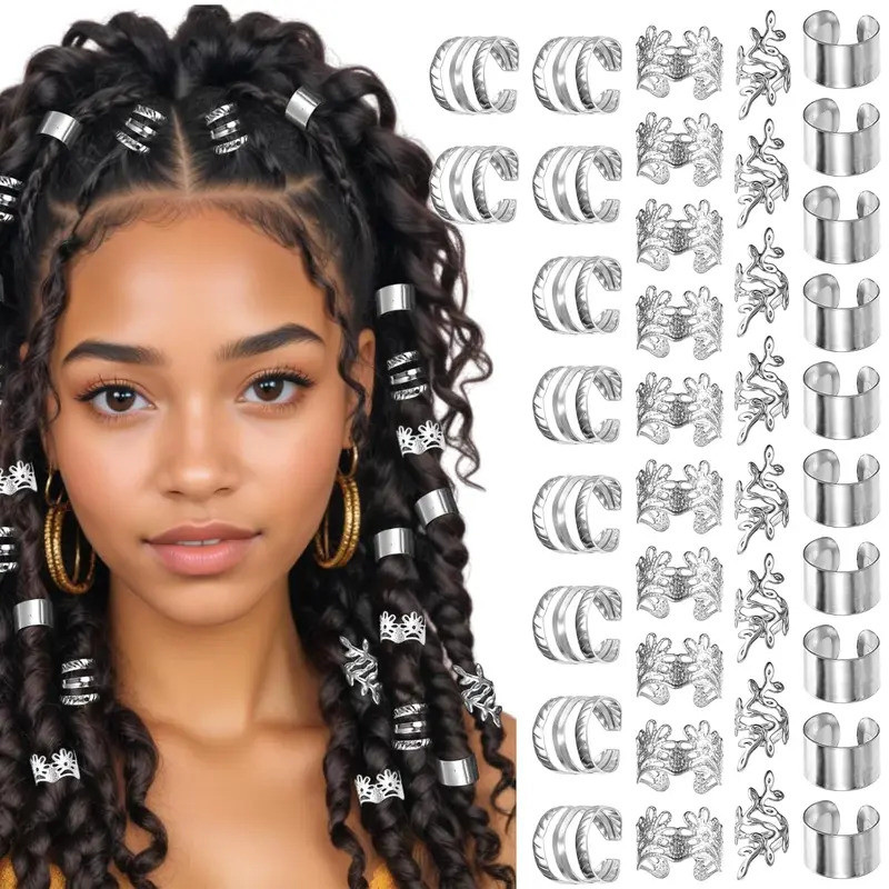 40 Buah Cincin Rambut Perak untuk Kepang, Perhiasan Kepang Logam yang Dapat Disesuaikan, Aksesoris D
