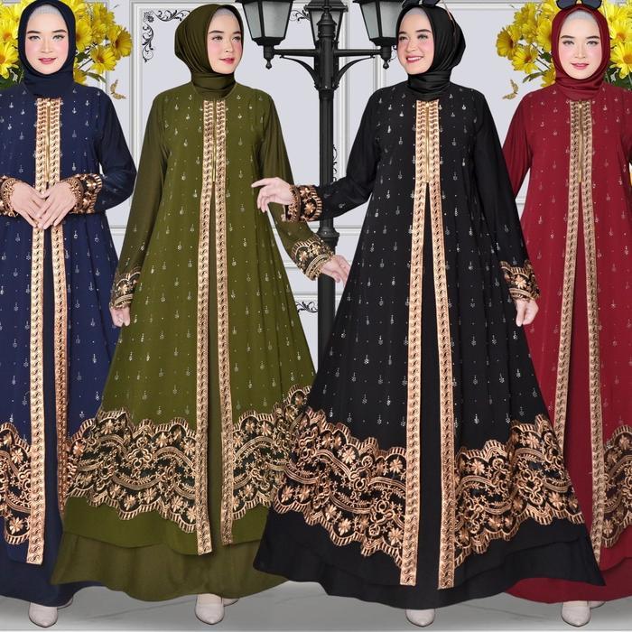 Gamis Abaya nindya jazmin  seri warna Mewah Dress Wanita Muslim’ Bordir Ceruti Payet Turkis - M, ijo