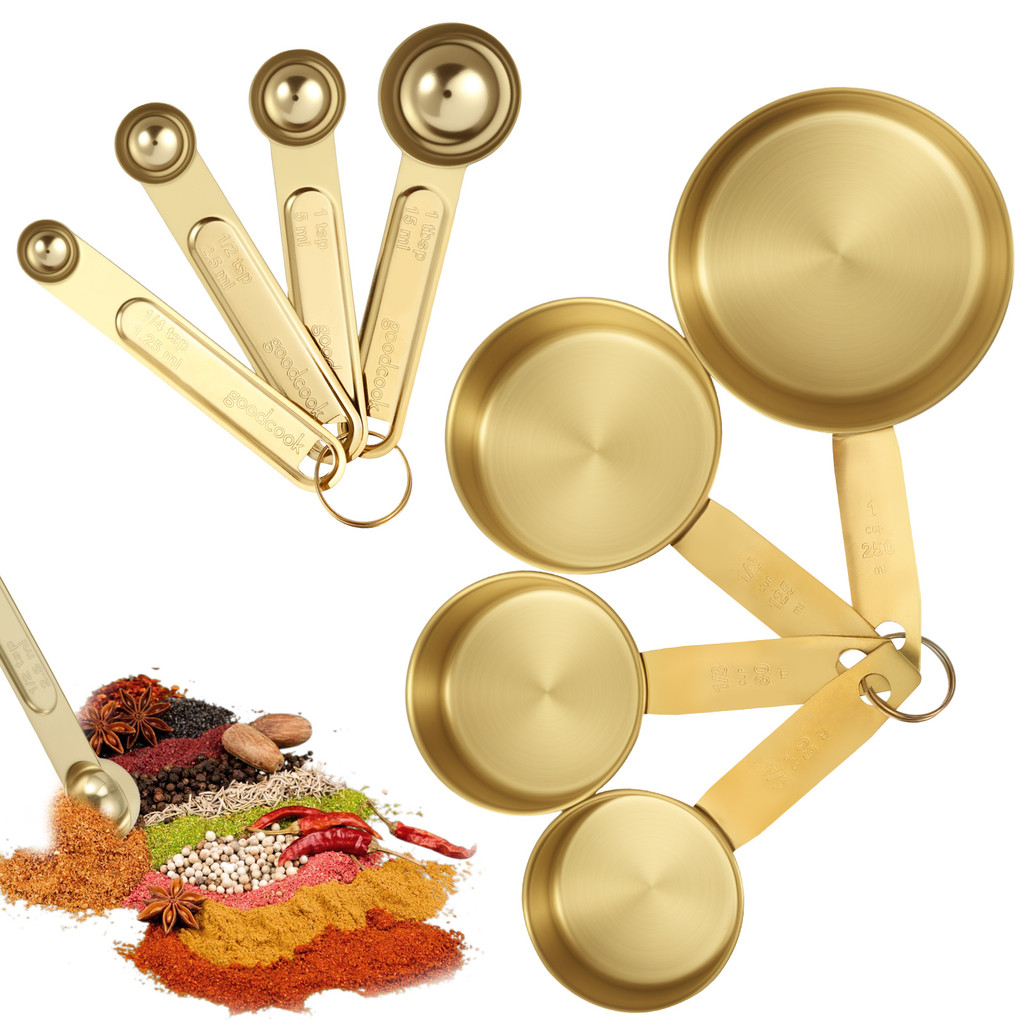 8Pcs Stainless Steel Measuring Cup and Spoon Set Stackable Gold Kitchen Measuring Cup Spoon for Home