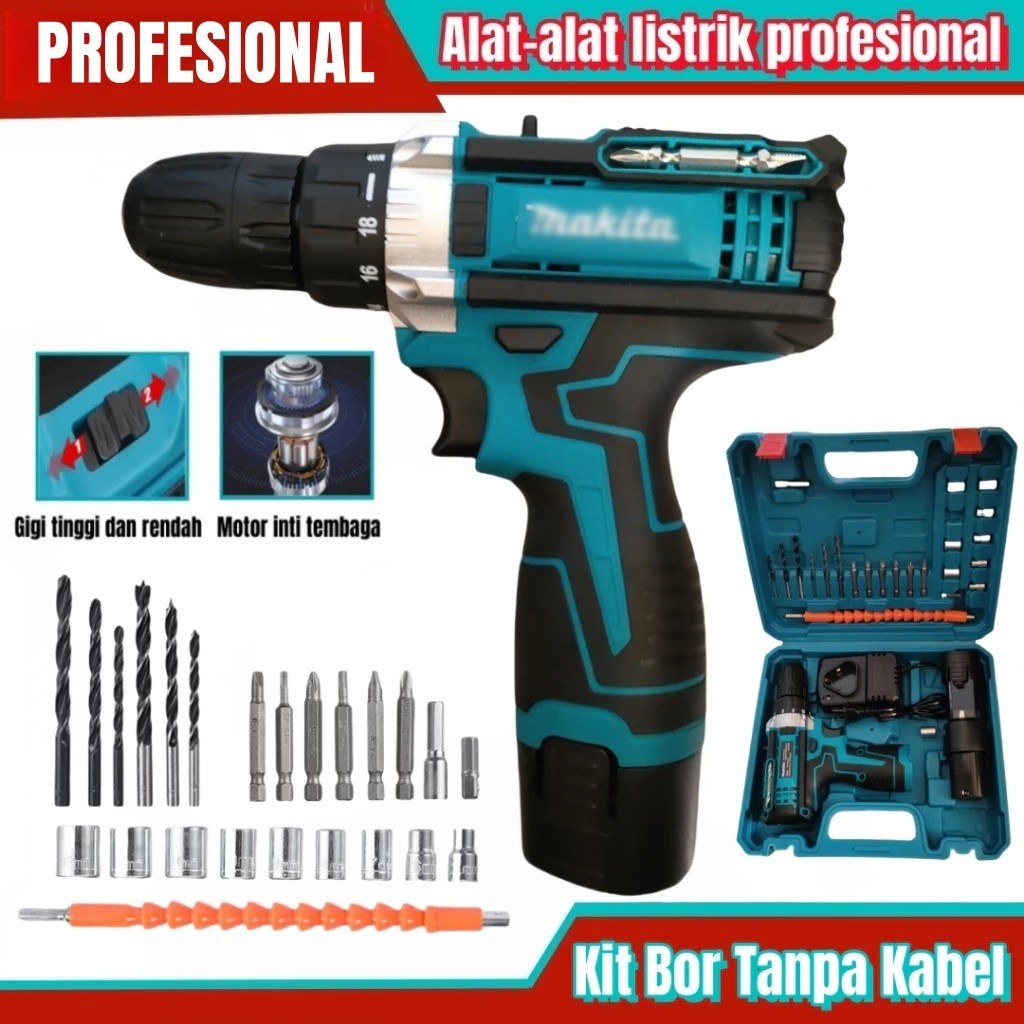 Bor Tanpa Kabel Makita 96V Impact Bor Obeng Listrik Multi-alat Dilengkapi Dengan Set lengkap Alat Bo
