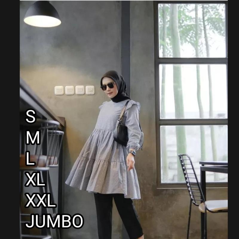 Size S M L XL XXL XXXL JUMBO Tunik Kotak-kotak Serut Pakaian Wanita Muslimah Terbaru Palinglaris Pan
