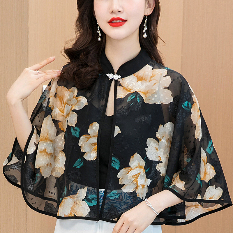 Jubah sifon bermotif bunga, selendang bermotif modis untuk pakaian luar musim panas.