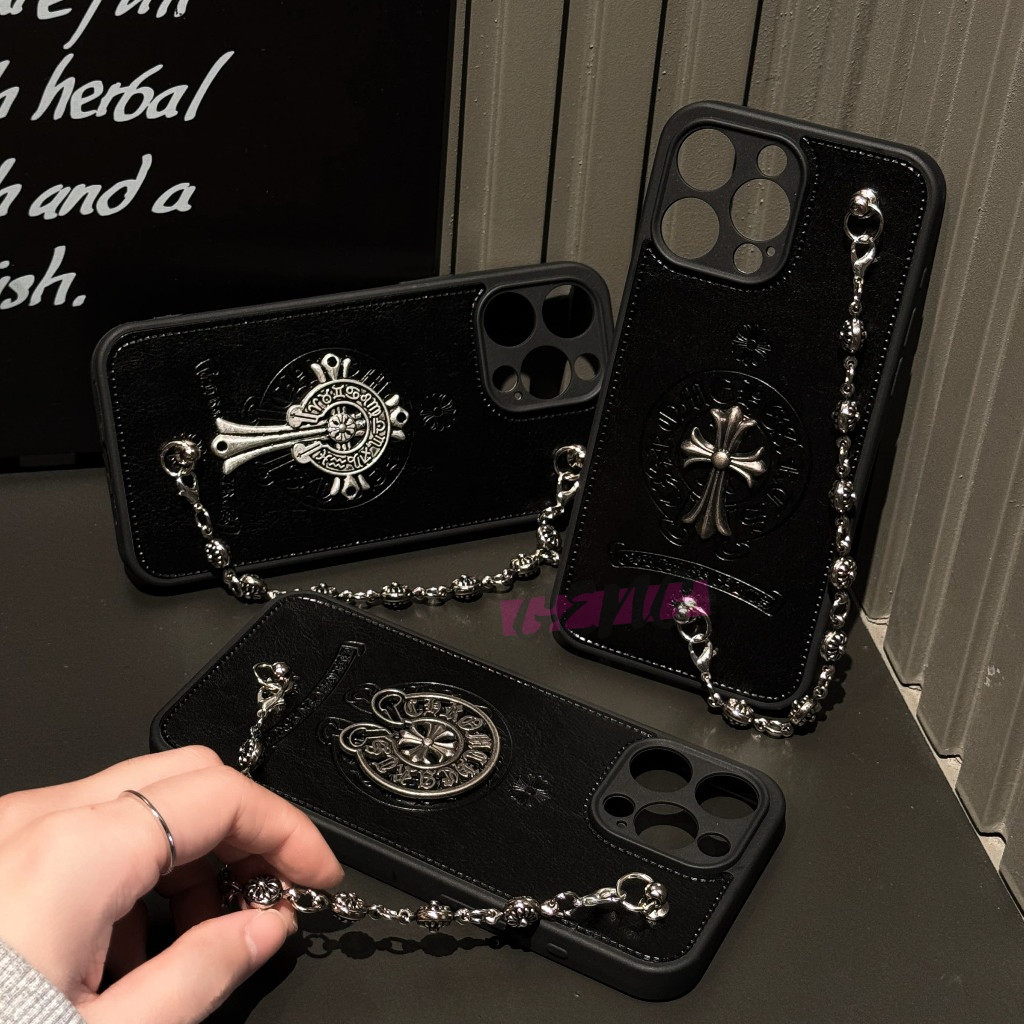 New Luxury Trend Chrome Hearts Soft Leather Retro Cross Silver Bracelet DIY Phone Cases for Iphone 1