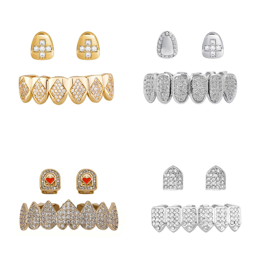 Kawat gigi kombinasi DIY set penuh berlian tembaga bertatahkan zirkonium gigi emas grillz grosir
