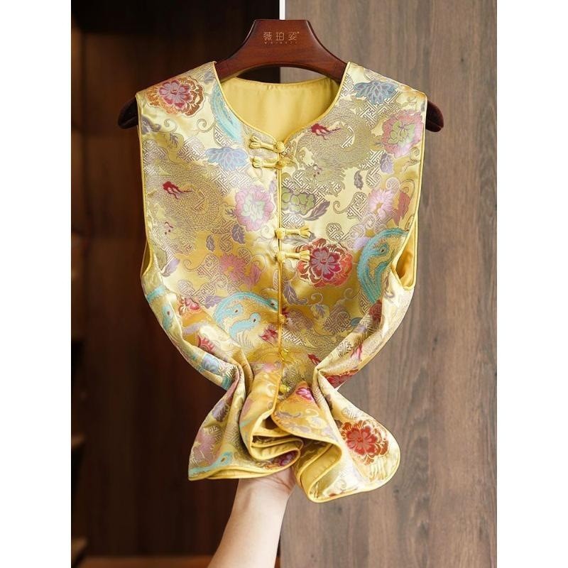 Rompi wanita gaya Cina baru berkualitas tinggi Atasan jacquard brokat berbenang emas kuning